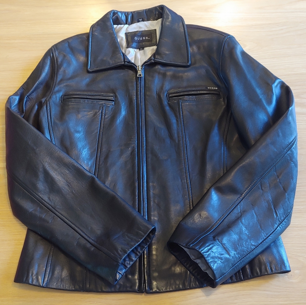 GUESS Black leather jacket pristine!!